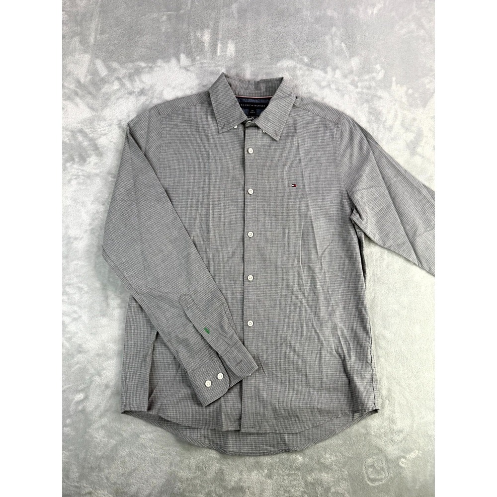 Tommy Hilfiger New York Fit Shirt Mens Small Gray Grid Check Cotton Button Up